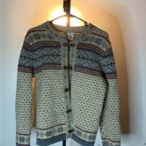 Susan Bristol Nordic Knit Cardigan in Cream and Blue 100% Wool